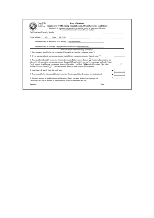 State Of Indiana Employee S Withholding Exemption And County Status