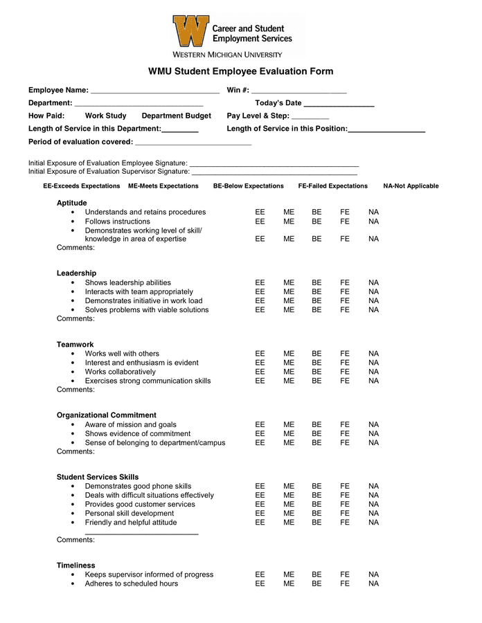 Student Employee Evaluation Form In Word And Pdf Formats