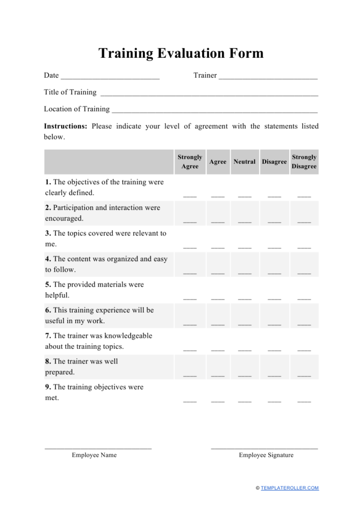 Training Evaluation Form Download Printable PDF Templateroller