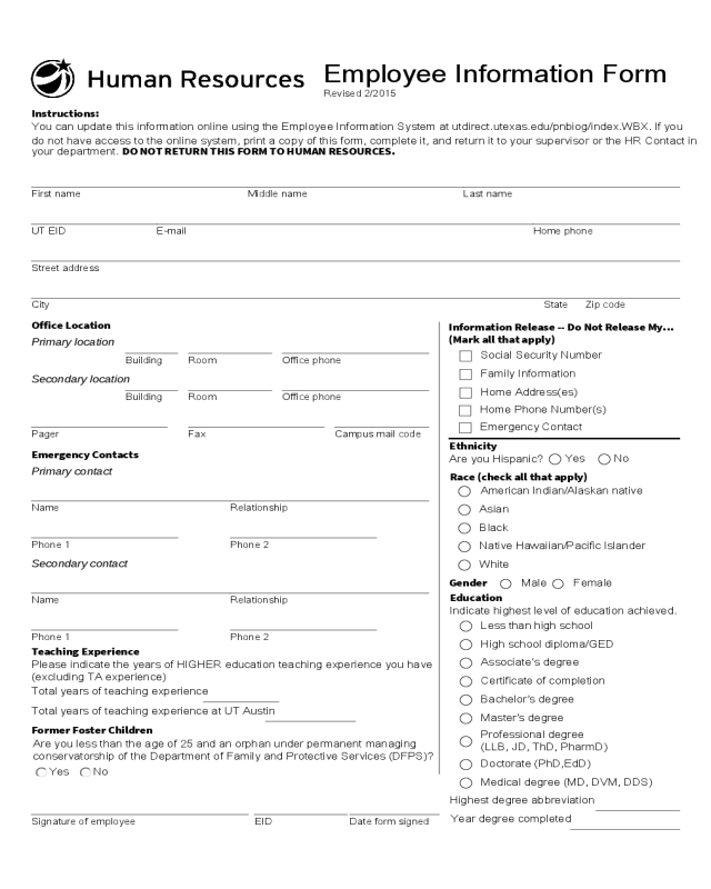 2021 General Employee Information Form Fillable Printable PDF 