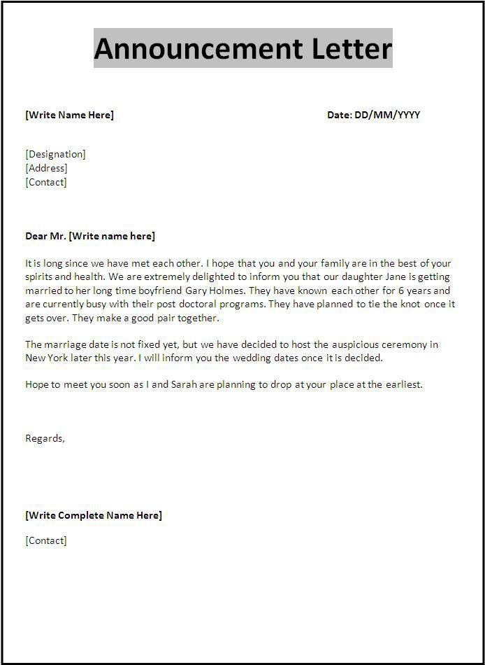 Announcement Letter Template Letter Template Word Letter Templates 