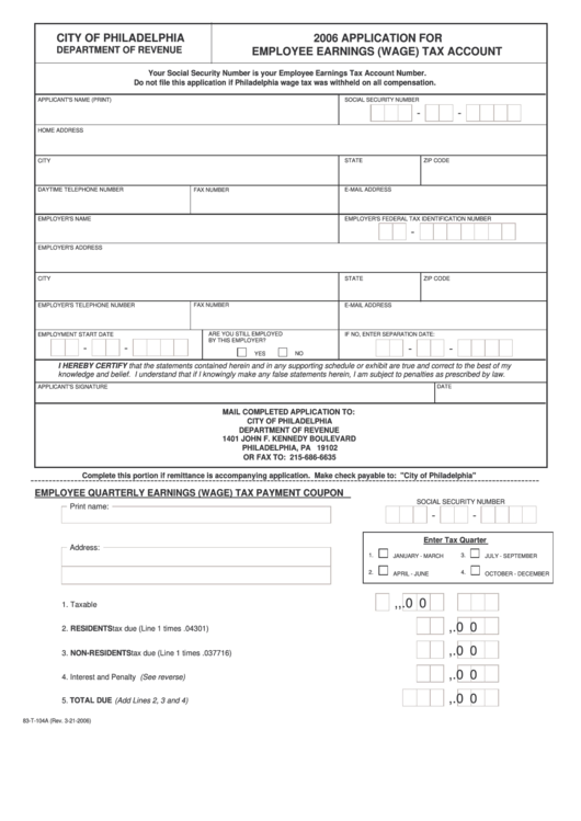 Application For Employee Earnings Wage Tax Account Form Printable Pdf 