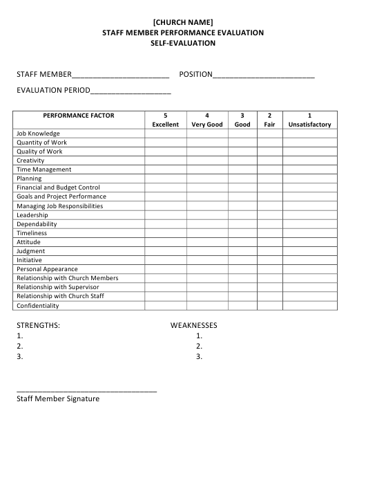 Church Employee Performance Evaluation Form Download Printable PDF 