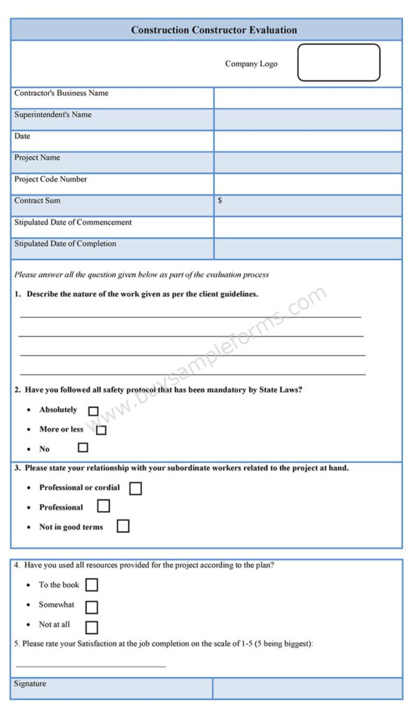 Construction Contractor Evaluation Form Sample Forms