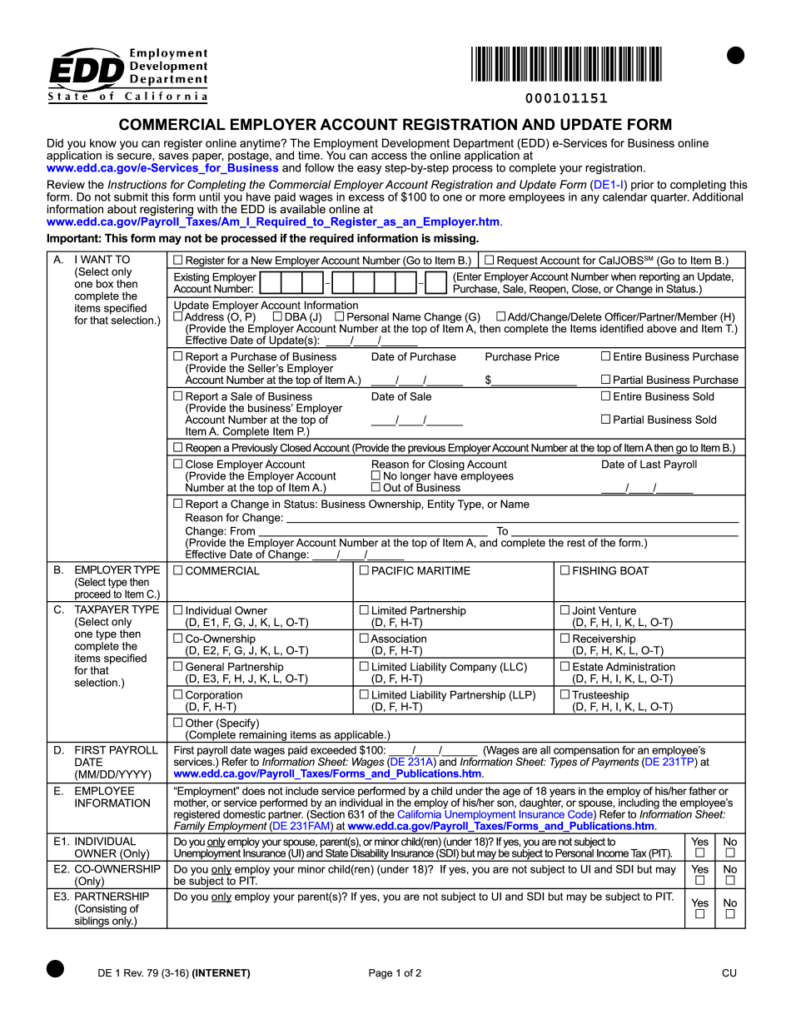 De1 California Registration Form For Commercial Employers In PDF