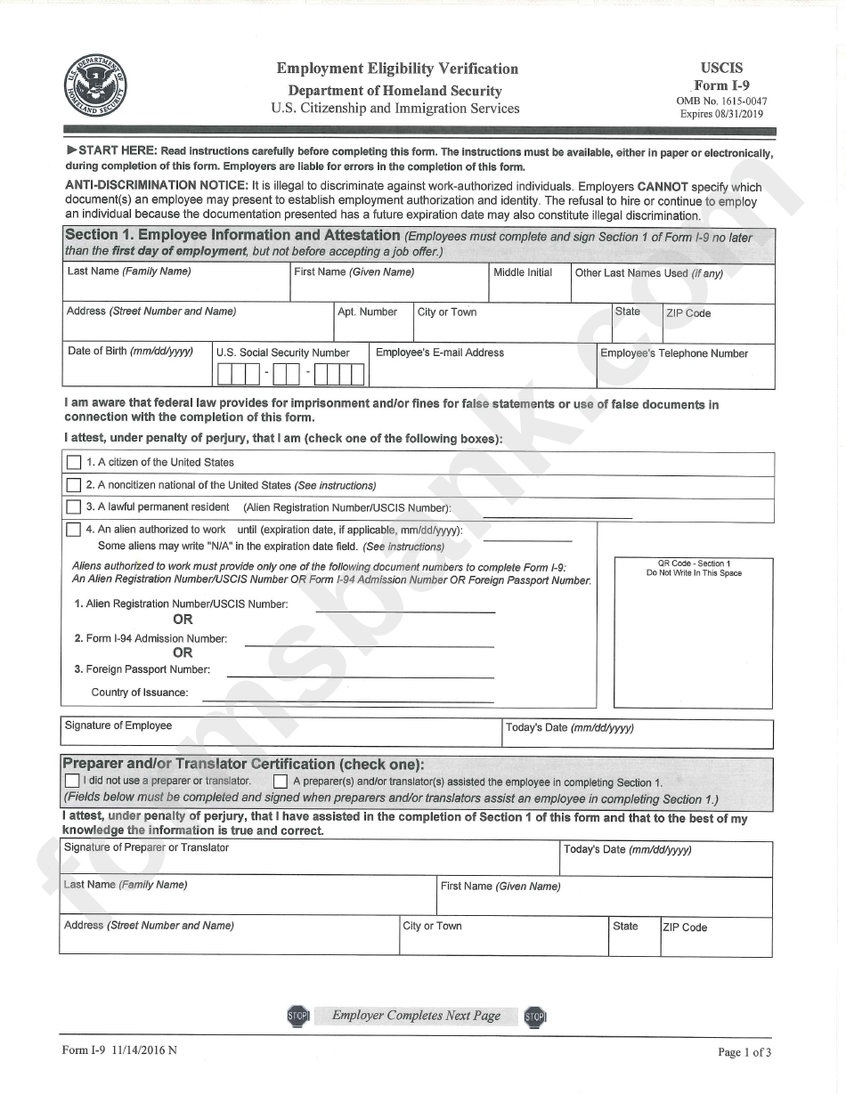 Department Of Homeland Security Form I 9 I9 Form 2021 Printable