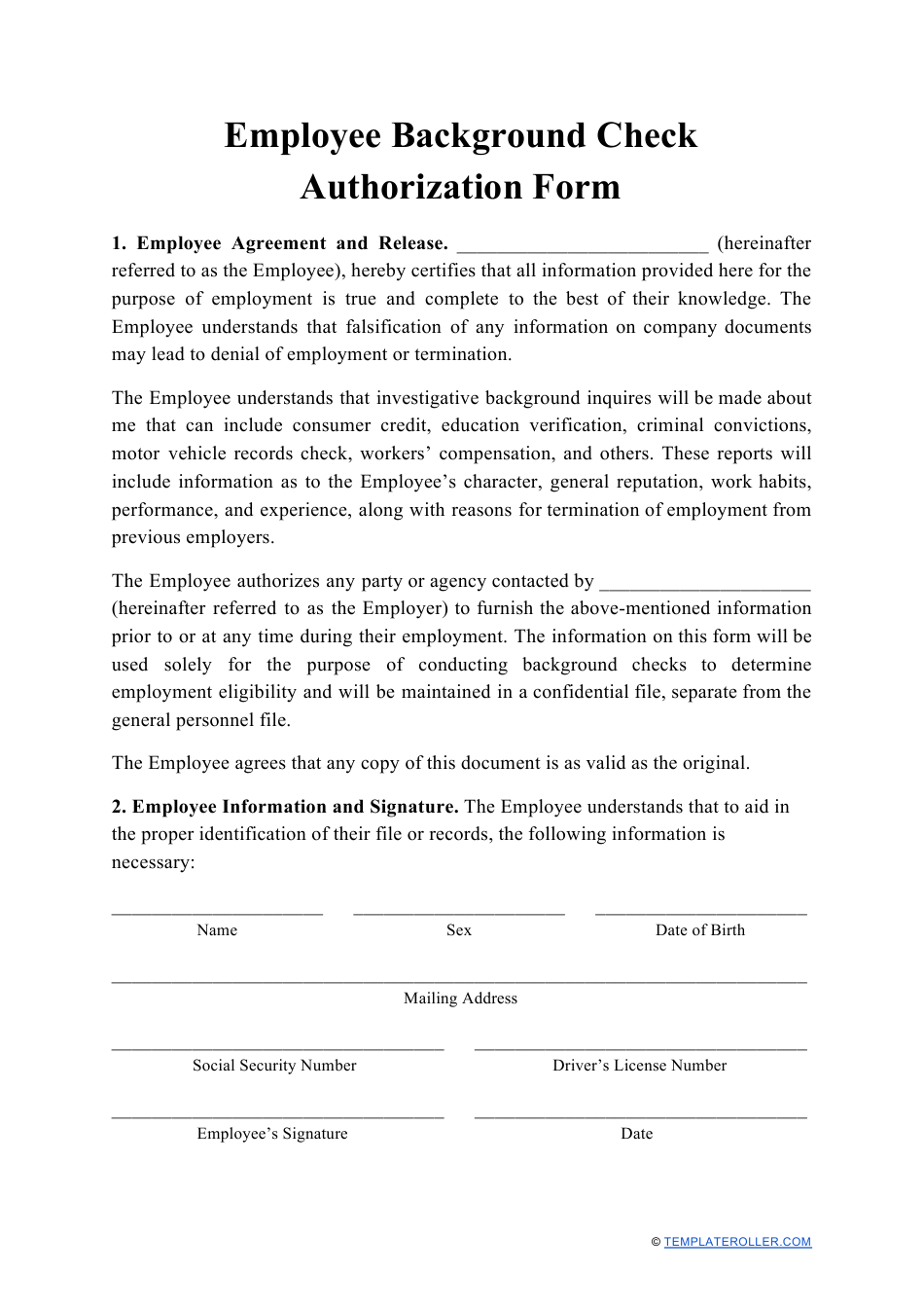 Employee Background Check Authorization Form Download Printable PDF 