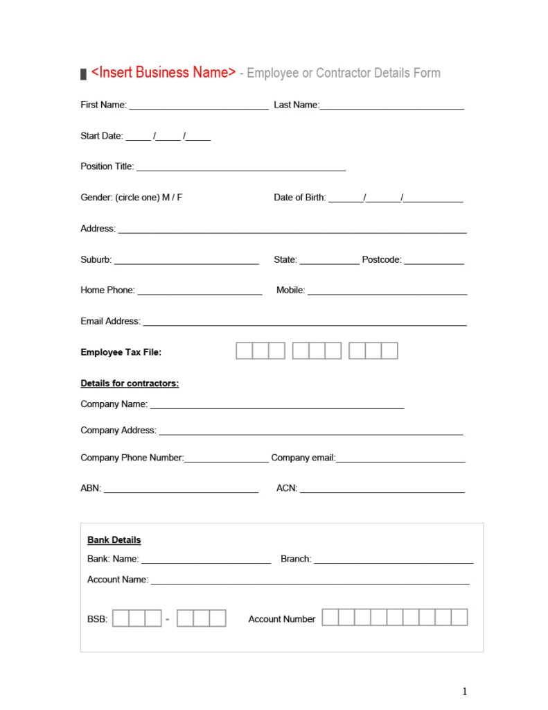 Employee Bank Details Form Template