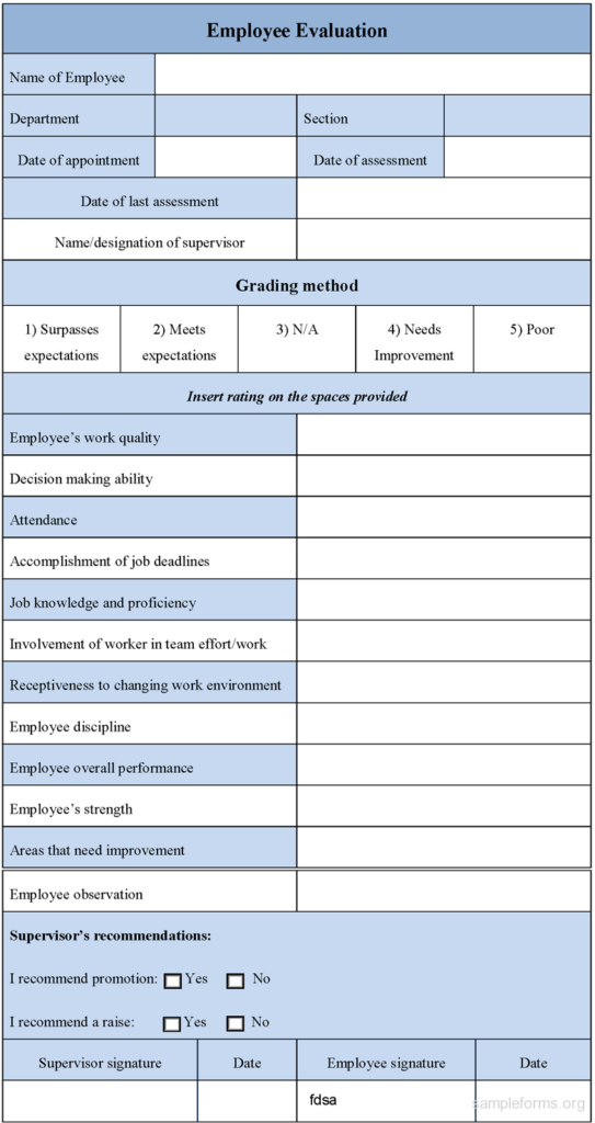 Employee Evaluation Form Sample Free Printable Documents