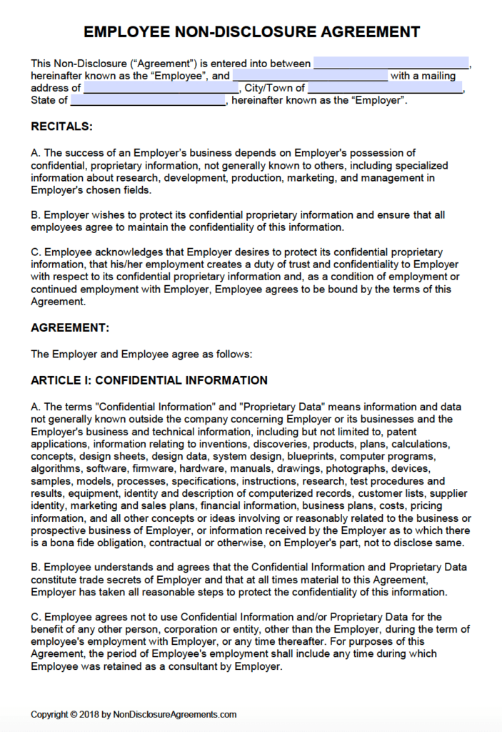 Employee Non Disclosure Agreement Free Doc Template Printable Paper 