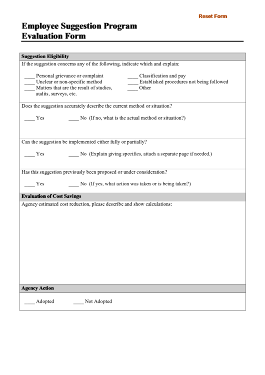 Employee Suggestion Program Evaluation Form Printable Pdf Download