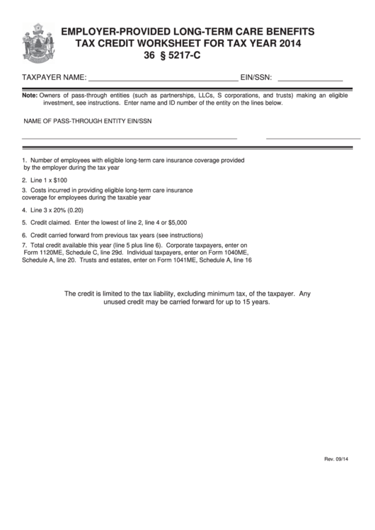 Employer Provided Long Term Care Benefits Tax Credit Worksheet For Tax 