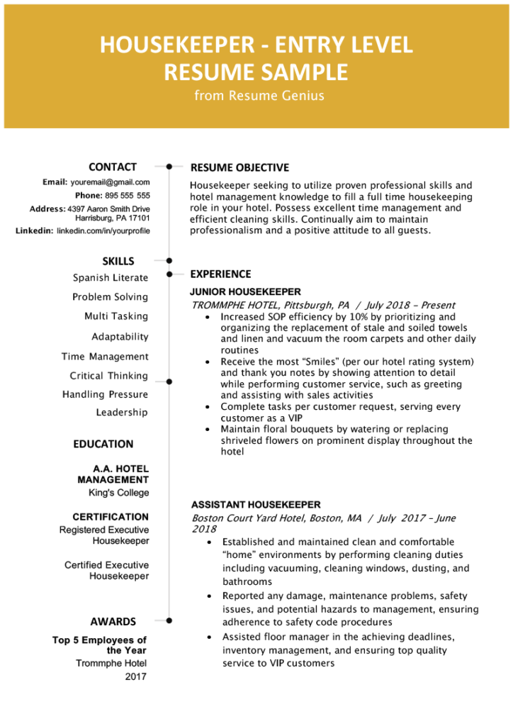 Entry Level Hotel Housekeeper Resume Sample