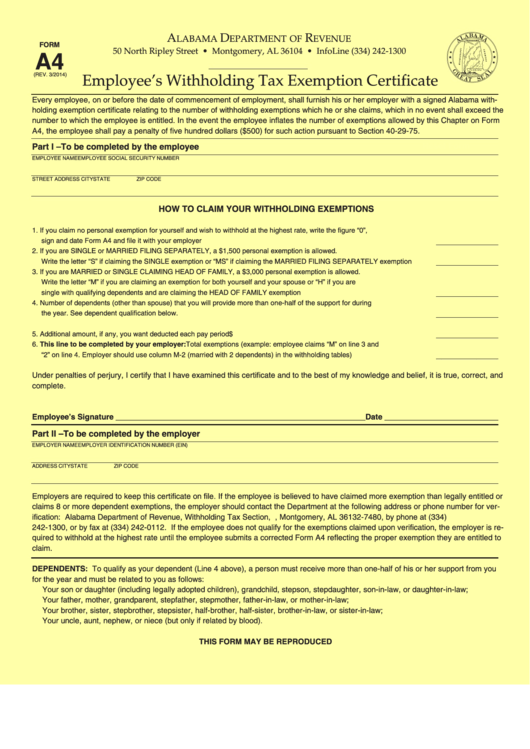 Fillable Form A4 Alabama Employee S Withholding Tax Exemption Certificate Template Yellow 