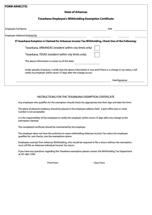 Fillable Form Ar4ec Tx Texarkana Employee S Withholding Exemption 