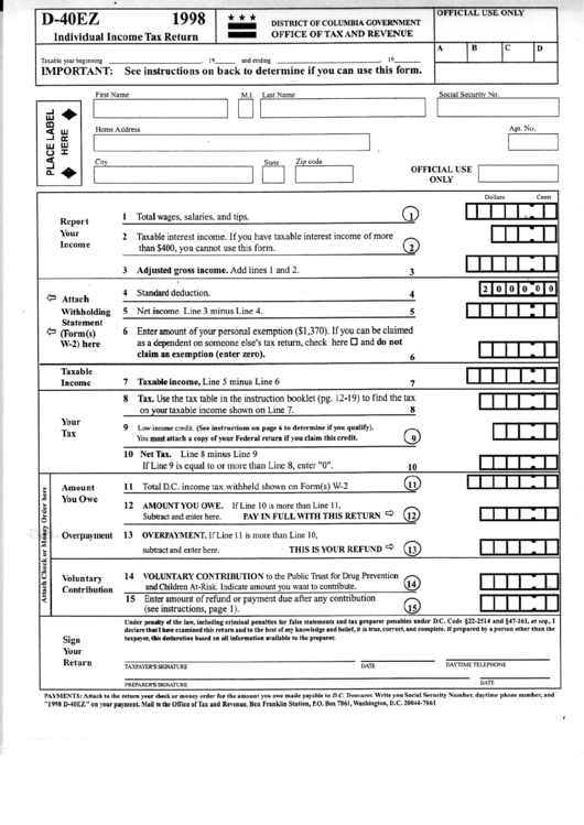 Fillable Form D 40ez Individual Income Tax Return District Of 