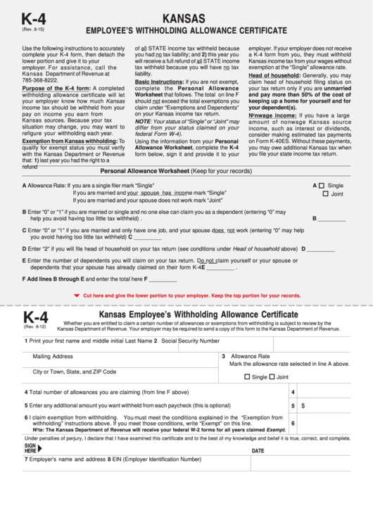 Fillable Form K 4 Kansas Employee S Withholding Allowance Certificate 