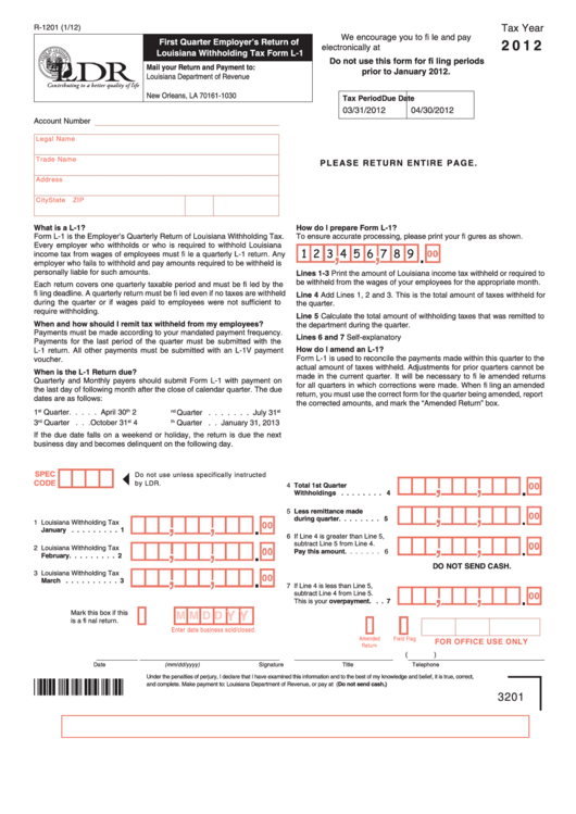 Fillable Form L 1 First Quarter Employer S Return Of Louisiana 