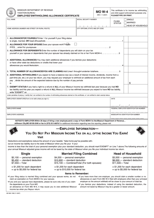 Fillable Form Mo W 4 Employee S Withholding Allowance Certificate 