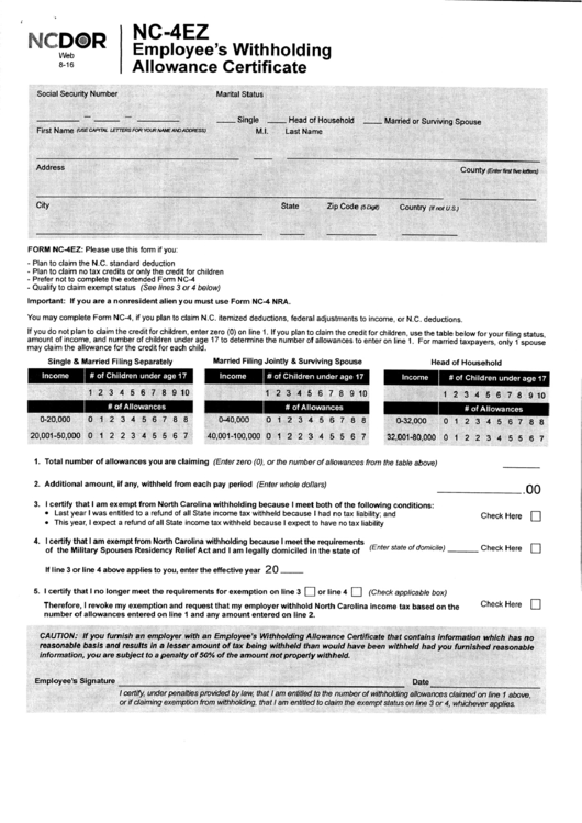 Fillable Form Nc 4ez Employees Withholding Allowance Certificate 