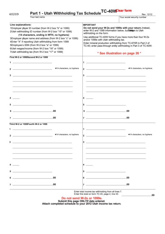 Fillable Form Tc 40w Utah Withholding Tax Schedule Printable Pdf Download