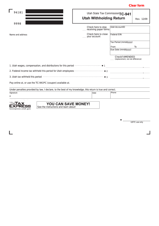 Fillable Form Tc 941 Utah Withholding Return Printable Pdf Download