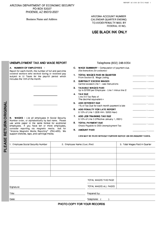 Fillable Form Uc 018 Unemployment Tax And Wage Report Printable Pdf 