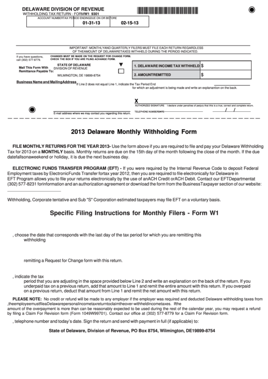 Fillable Form W1 9301 Delaware Monthly Withholding Form 2013