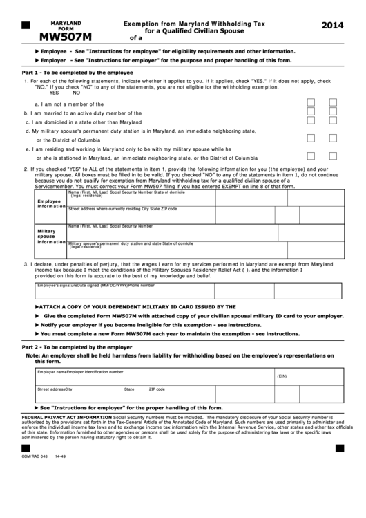 Fillable Maryland Form Mw507m Exemption From Maryland Withholding Tax