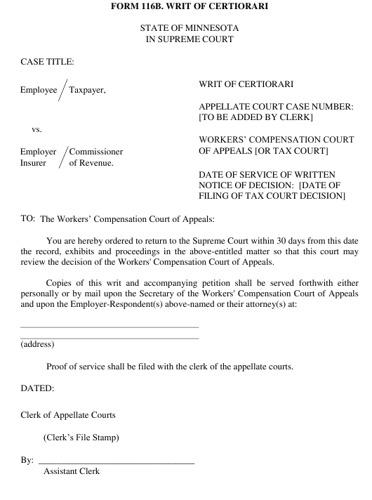 Form 116B Download Printable PDF Or Fill Online Writ Of Certiorari 