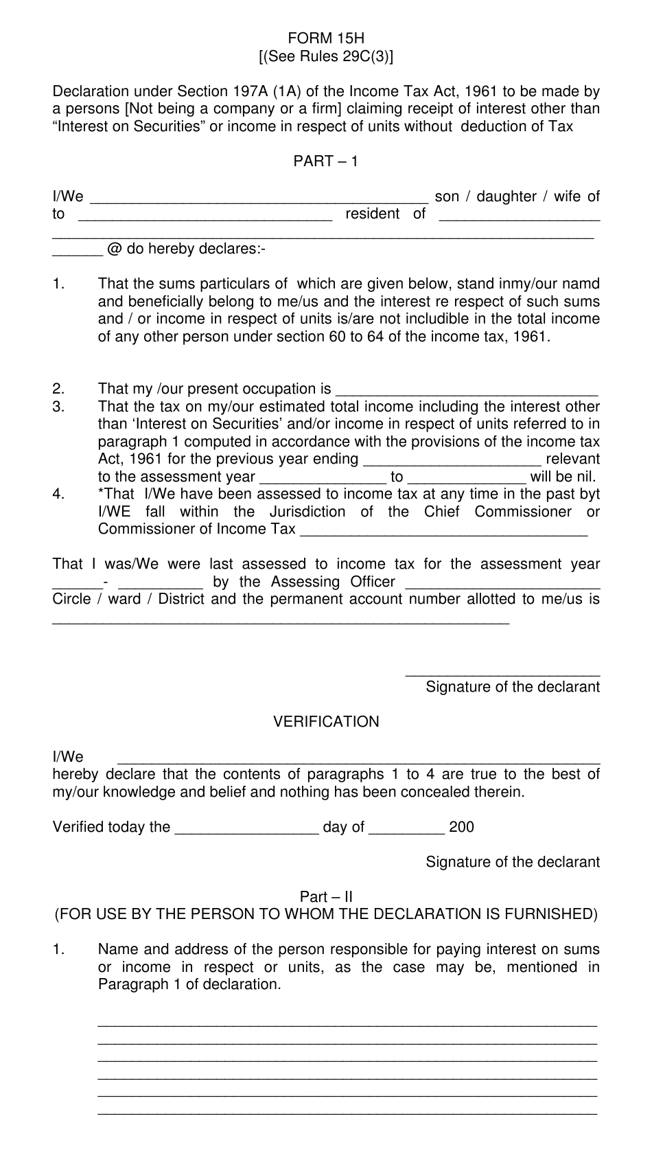 Form 15H Download Printable PDF Or Fill Online Declaration Under 