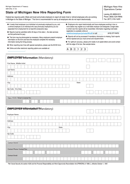 Form 3281 State Of Michigan New Hire Reporting Form Printable Pdf