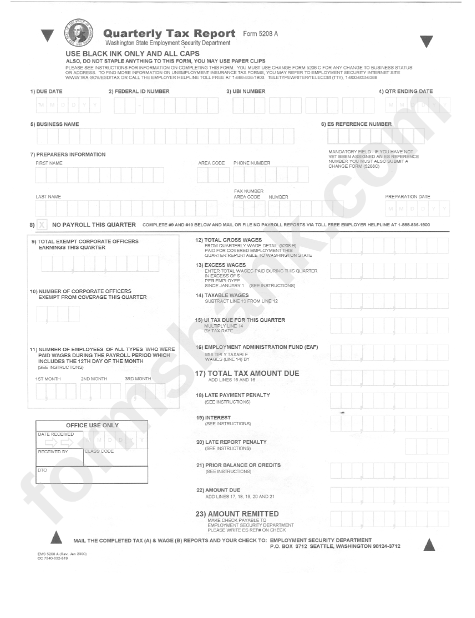 Form 5208 A Quarterly Tax Report Washington State Employment 