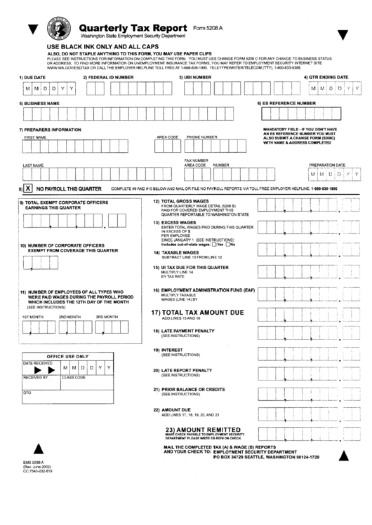 Form 5208a Quarterly Tax Report Washington State Employment 