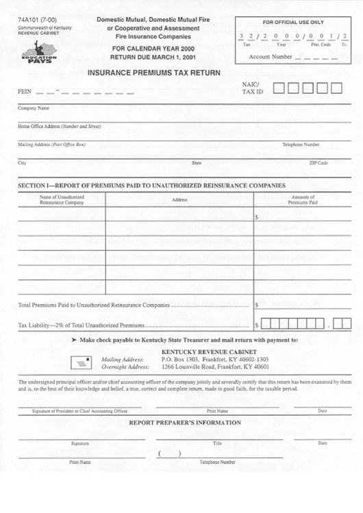 Form 74a101 Insurance Premiums Tax Return Kentucky Revenue Cabinet 