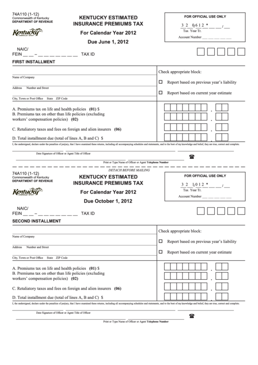 Form 74a110 Kentucky Estimated Insurance Premiums Tax 2012 