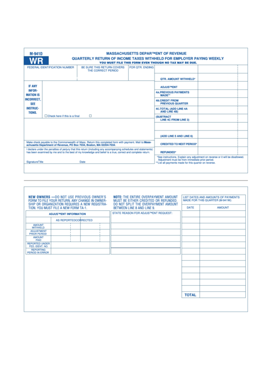 Form M 941d Wr Quarterly Return Of Income Taxes Withheld For Employer 