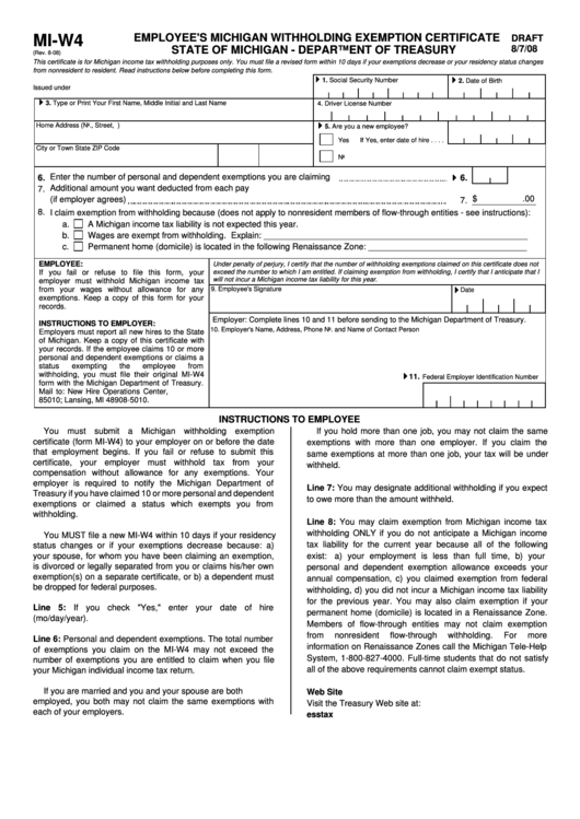 Form Mi W4 Draft Employee S Michigan Withholding Exemption 