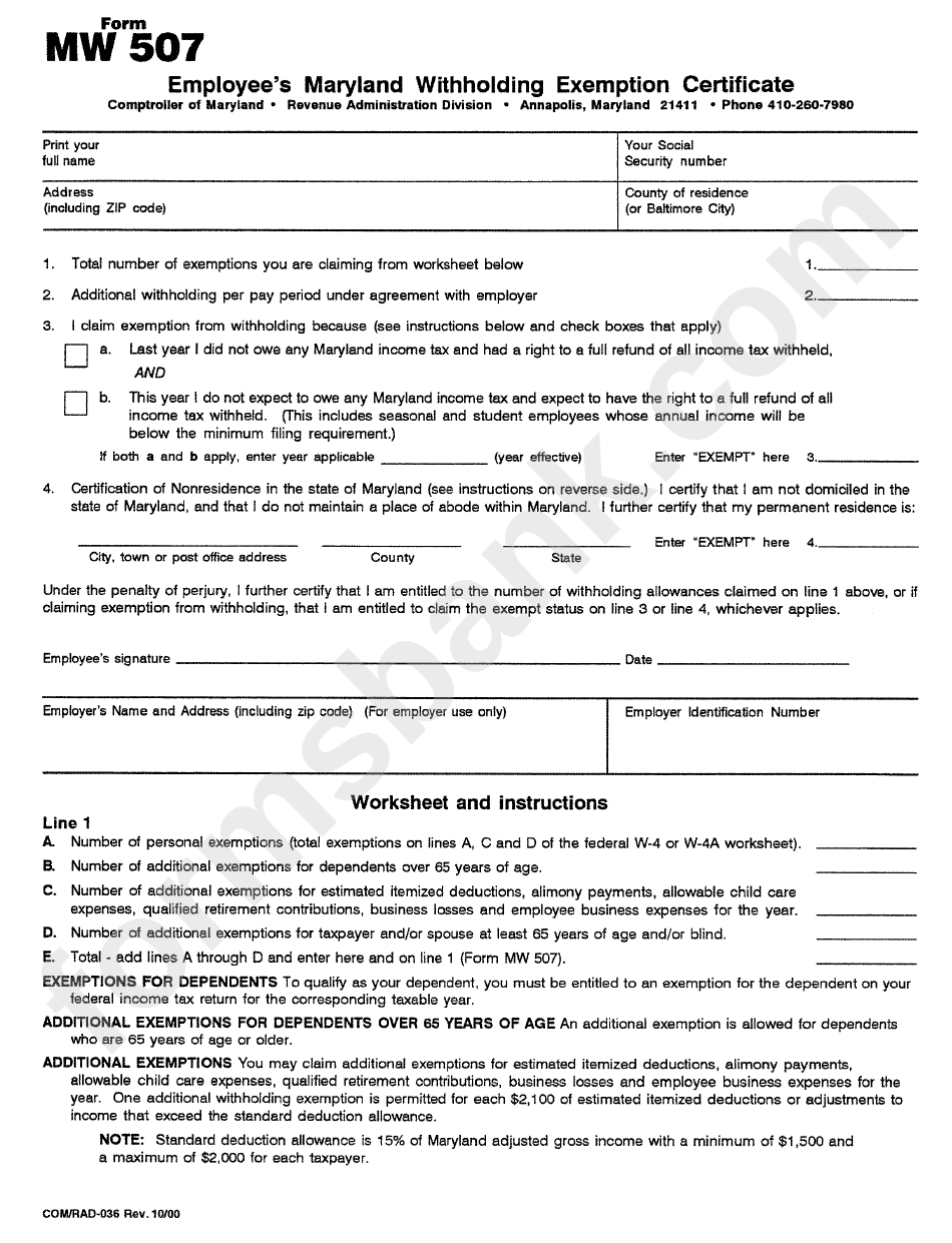 Form Mw 507 Employee S Maryland Withholding Exemption Certificate 