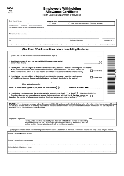 Form Nc 4 Employee S Withholding Allowance Certificate North 