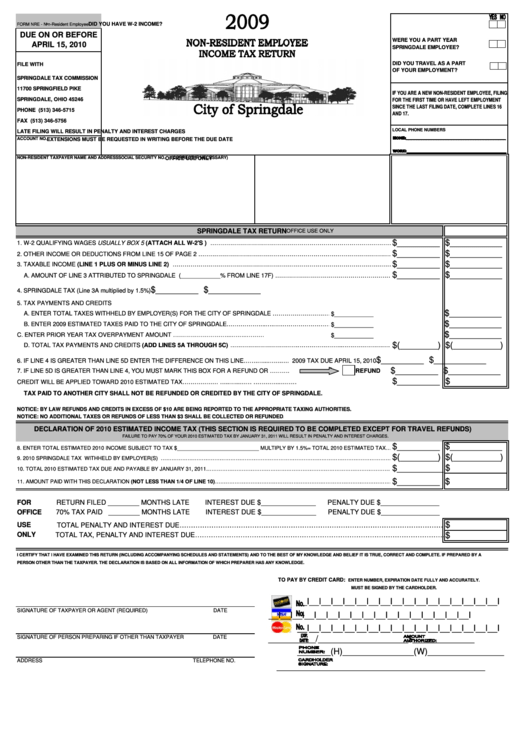 Form Nre Non Resident Employee Income Tax Return 2009 Printable Pdf 