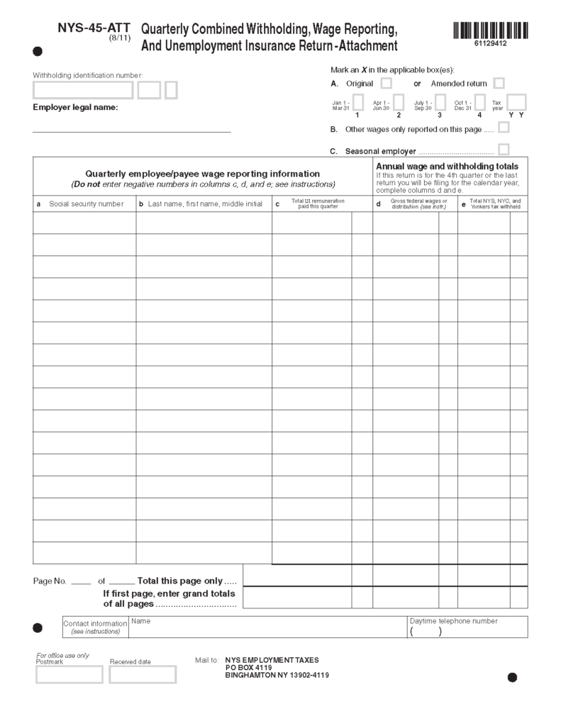 Form NYS 45 ATT Fill in Quarterly Combined Withholding Wage 