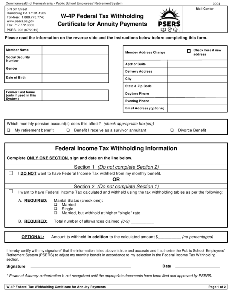 Form PSRS 996 Download Printable PDF Or Fill Online W 4p Federal Tax 