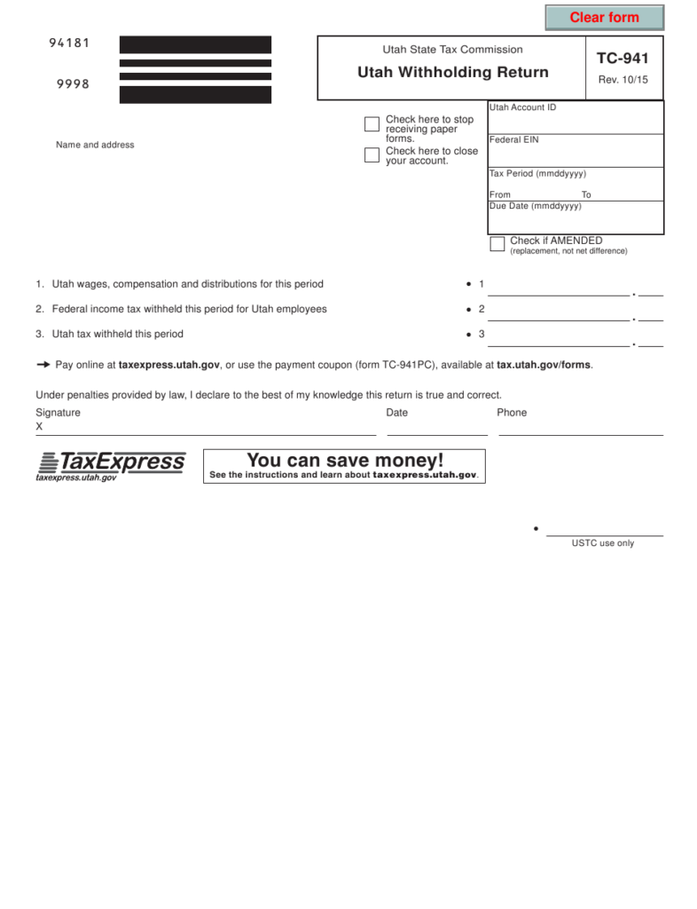 Form TC 941 Download Fillable PDF Or Fill Online Utah Withholding 