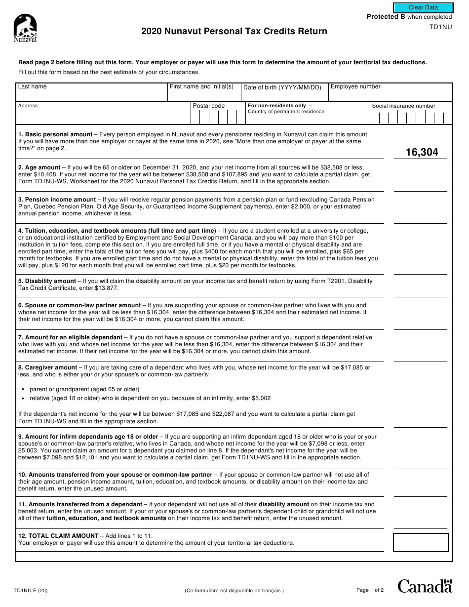 Form TD1NU Download Fillable PDF Or Fill Online Nunavut Personal Tax 