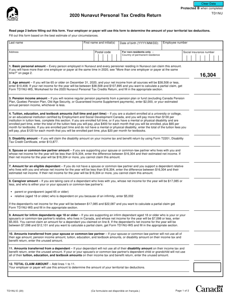 Form TD1NU Download Fillable PDF Or Fill Online Nunavut Personal Tax 