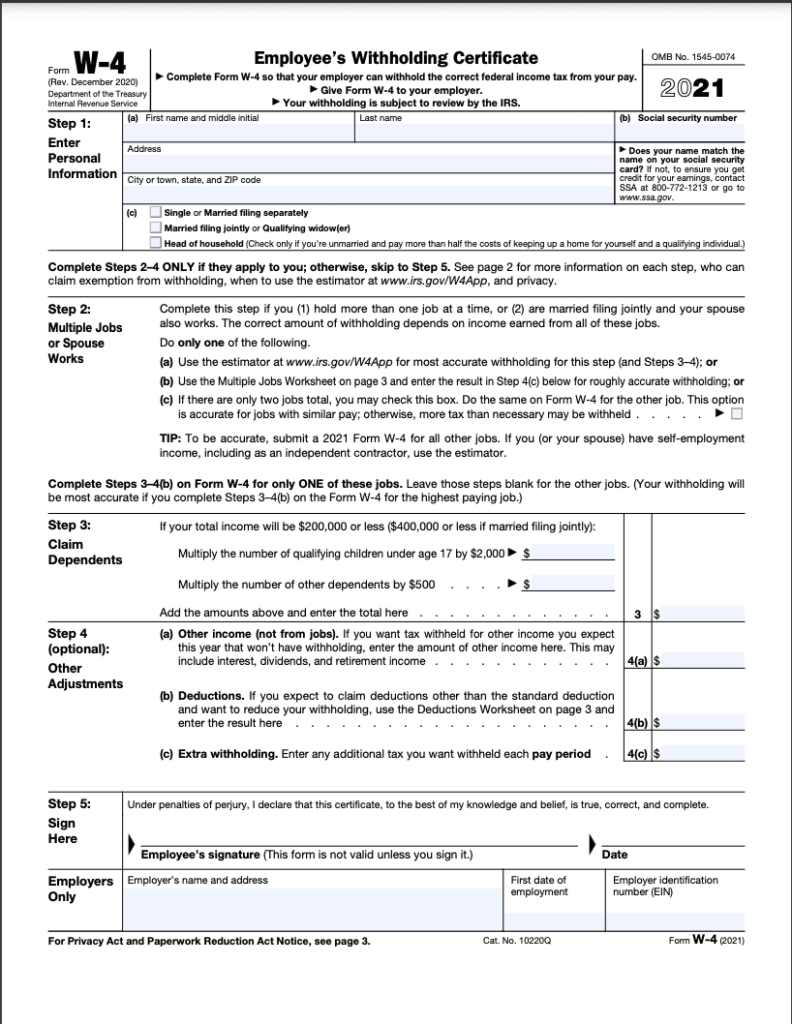 Form W 4 Employee s Withholding Certificate Definition