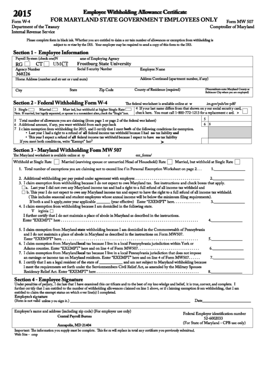 Form W 4 Employee Withholding Allowance Certificate For Maryland 