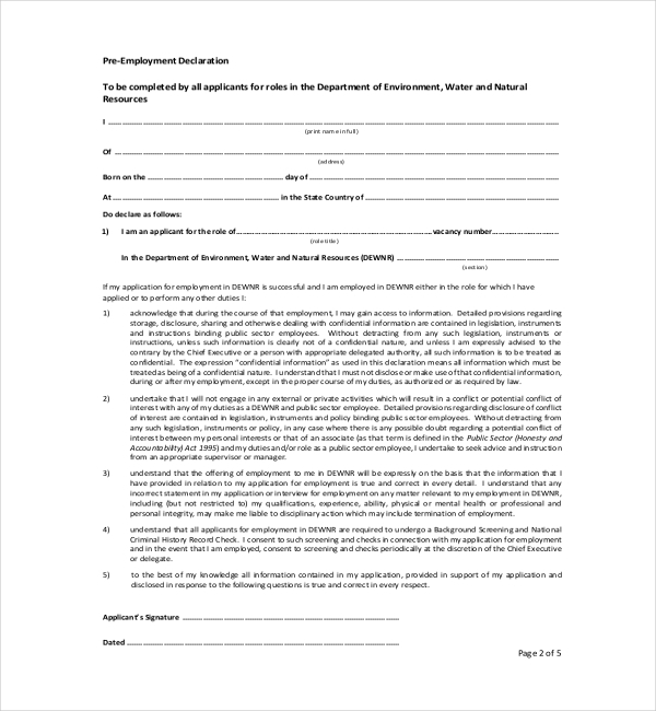 FREE 11 Sample Employee Declaration Forms In PDF Excel Word