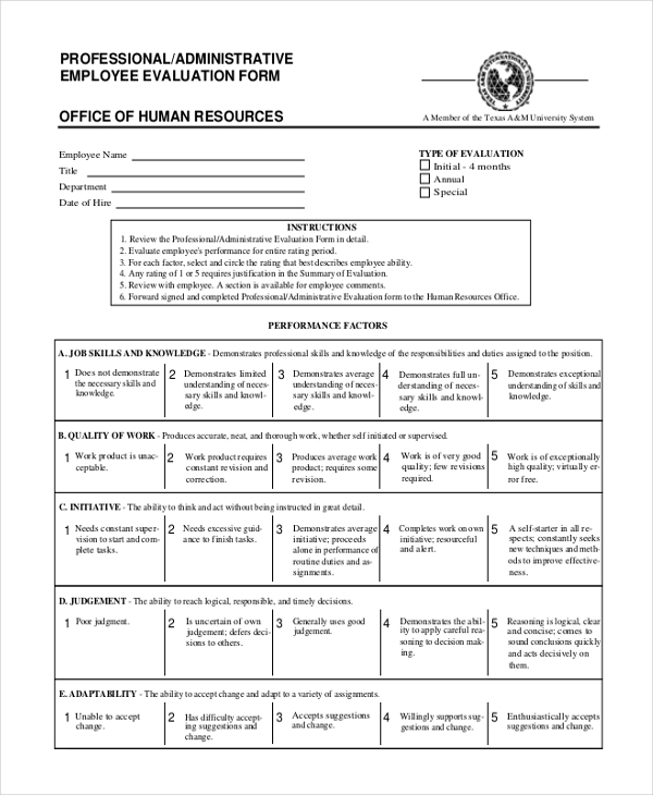 FREE 11 Sample Employee Evaluation Forms In PDF MS Word Excel